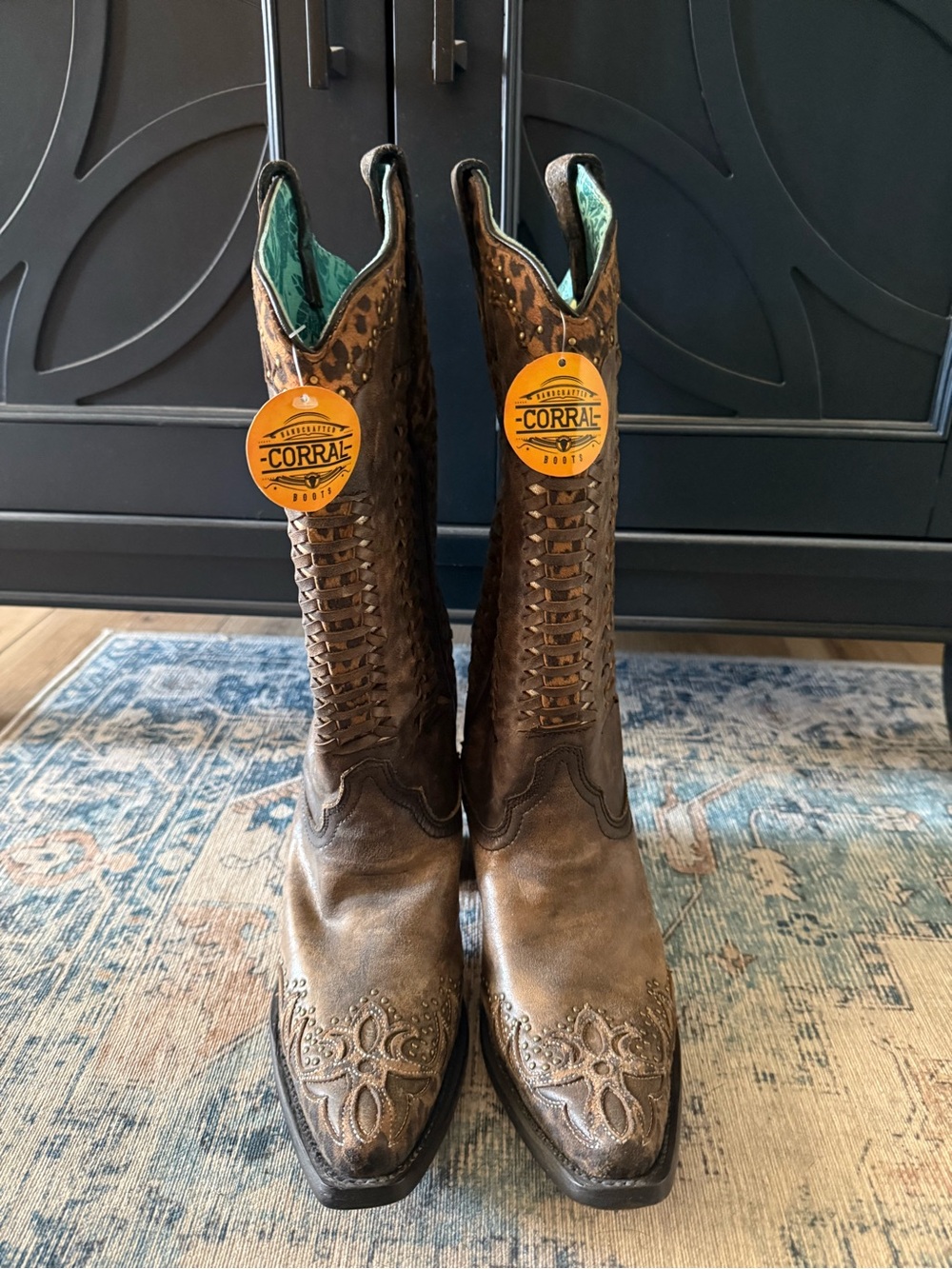 Corral Brown Leather Western Boots with Turquoise Lining